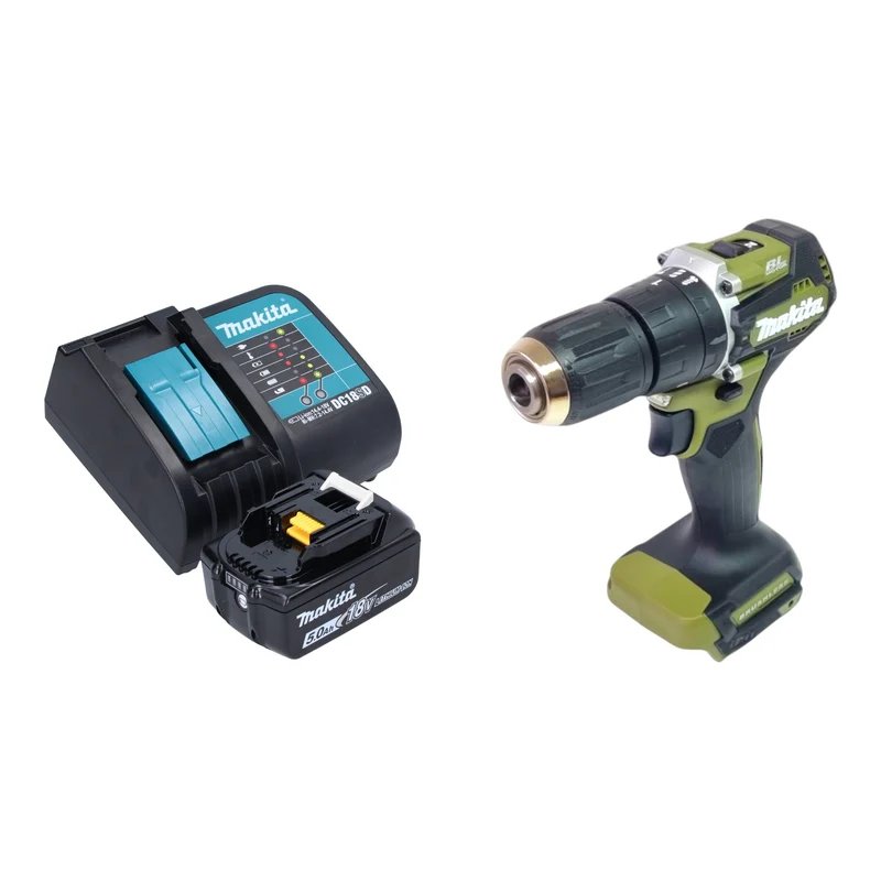 Makita DHP 487 ST1O Akku Schlagbohrschrauber 18 V 40 Nm Brushless Olive Outdoor Adventure Serie + 1x Akku 5,0 Ah + Ladegerät