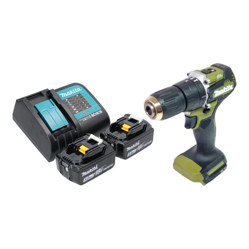 Makita DHP 487 STO Akku Schlagbohrschrauber 18 V 40 Nm Brushless Olive Outdoor Adventure Serie + 2x Akku 5,0 Ah + Ladegerät