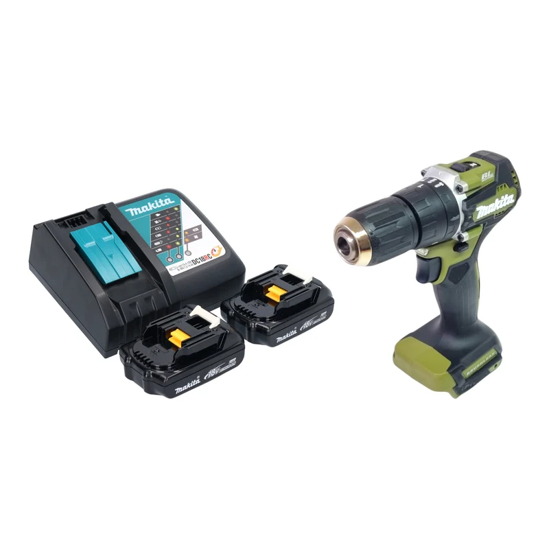 Makita DHP 487 RYO Akku Schlagbohrschrauber 18 V 40 Nm Brushless Olive Outdoor Adventure Serie + 2x Akku 1,5 Ah + Ladegerät