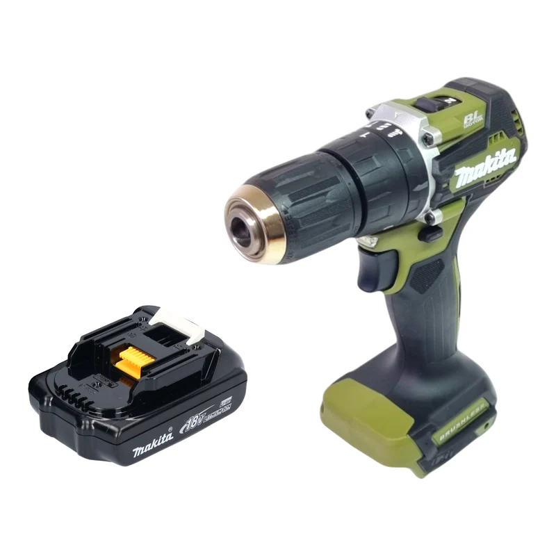 Makita DHP 487 Y1O Akku Schlagbohrschrauber 18 V 40 Nm Brushless Olive Outdoor Adventure Serie + 1x Akku 1,5 Ah - ohne Ladegerät