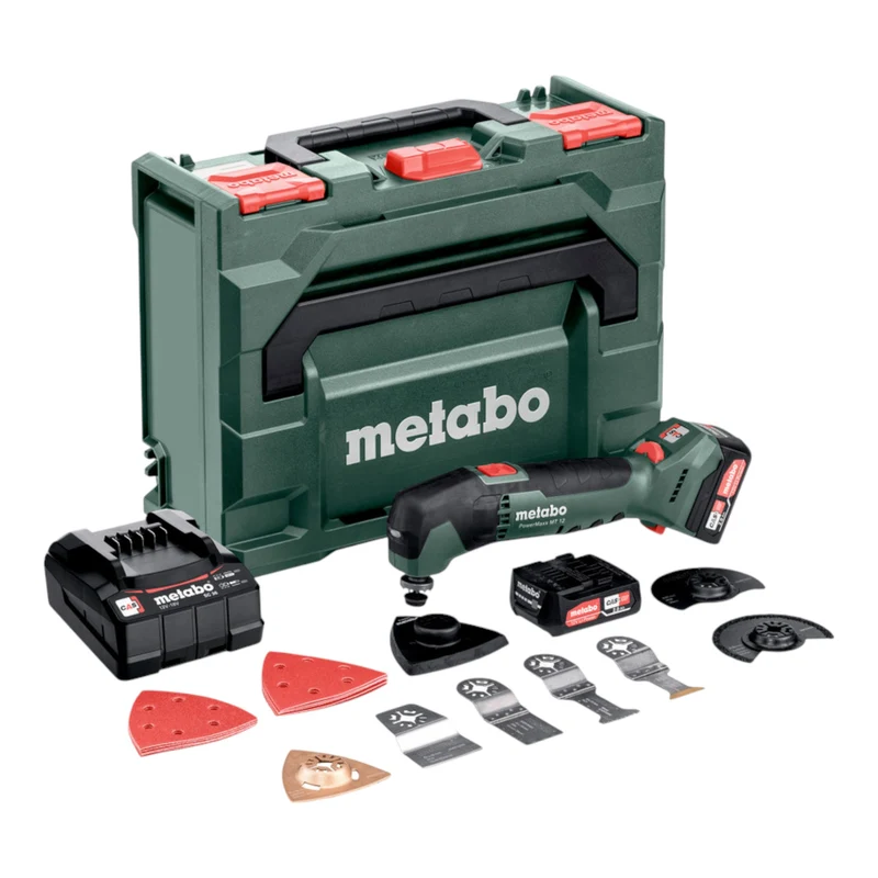 Metabo PowerMaxx MT 12 Akku Multitool Multifunktionswerkzeug 12 V + 2x 2,0 Ah Akku + Ladegerät + Schleif Zubehör Set 18 tlg. + metaBOX 145 ( 613089510 )