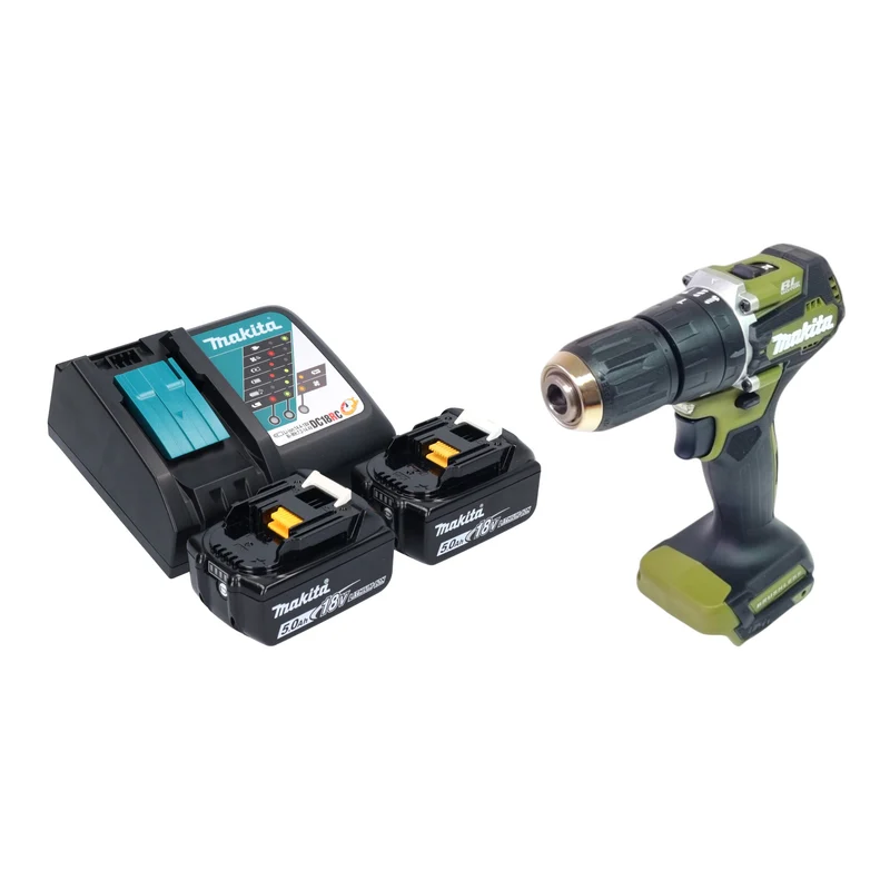 Makita DHP 487 RTO Akku Schlagbohrschrauber 18 V 40 Nm Brushless Olive Outdoor Adventure Serie + 2x Akku 5,0 Ah + Ladegerät