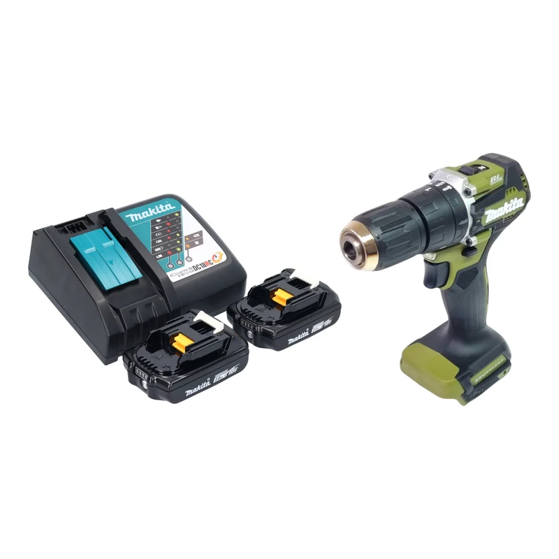 Makita DHP 487 RAO Akku Schlagbohrschrauber 18 V 40 Nm Brushless Olive Outdoor Adventure Serie + 2x Akku 2,0 Ah + Ladegerät