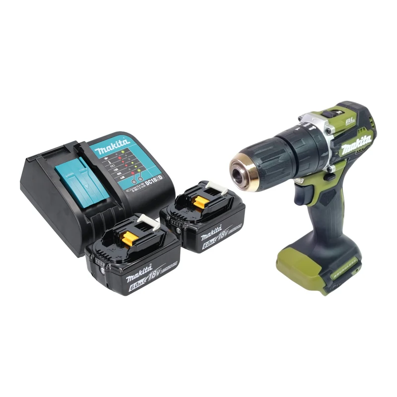 Makita DHP 487 SGO Akku Schlagbohrschrauber 18 V 40 Nm Brushless Olive Outdoor Adventure Serie + 2x Akku 6,0 Ah + Ladegerät