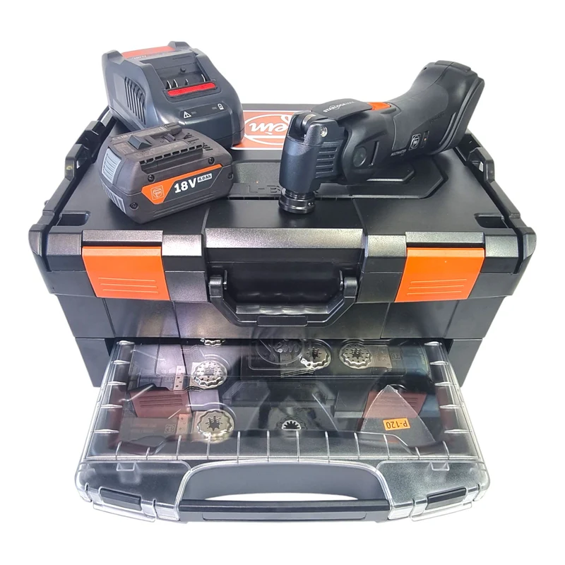 Fein Multimaster AMM 700 MAX AS Akku Multifunktionswerkzeug 18 V Starlock Max Black Edition + Akku 4,0 Ah + Ladegerät + 33 tlg. Zubehör + L-Boxx