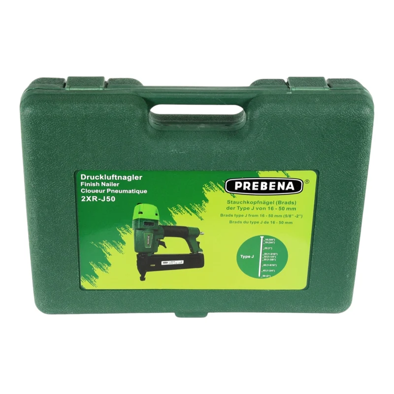 Prebena 2XR-J50 Druckluftnagler 4,0 - 7,0 Bar + PROFI-J-BOX Stauchkopfnägel Brads 12500 Stk. + Koffer