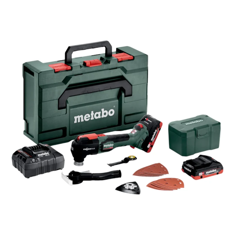 Metabo MT 18 LTX BL QSL Akku Multitool 18 V Brushless Starlock Plus ( 613088800 ) + 2x Akku 4,0 Ah + Ladegerät + 12 tlg. Zubehör + metaBOX