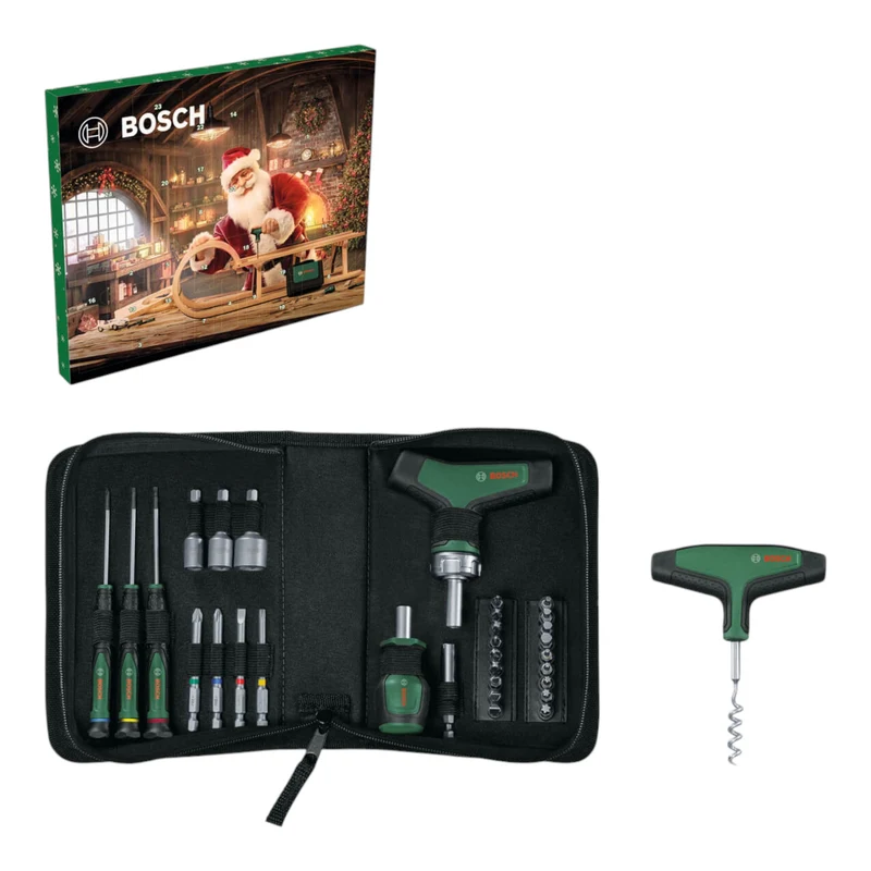 Bosch Handwerkzeug Adventskalender 2024 mit 33 tlg. Werkzeug Set ( 1600A0349X ) Bit-Ratschenschraubendreher T-Griff, Präzisionsschraubendreher, Bit-Schraubendreher Stubby, Zubehör, Korkenzieher, Tasche