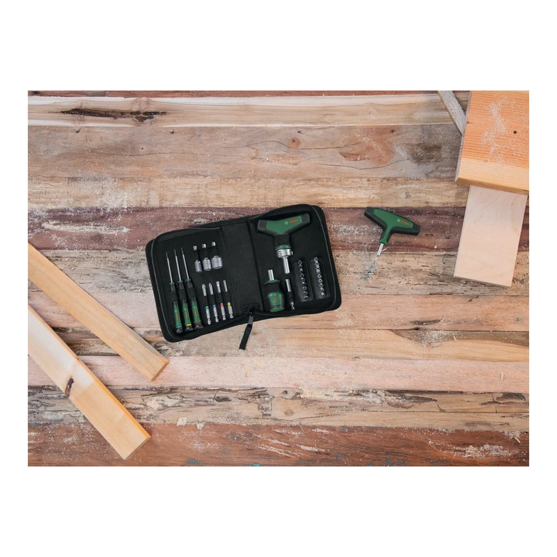 Bosch Handwerkzeug Adventskalender 2024 mit 33 tlg. Werkzeug Set ( 1600A0349X ) Bit-Ratschenschraubendreher T-Griff, Präzisionsschraubendreher, Bit-Schraubendreher Stubby, Zubehör, Korkenzieher, Tasche