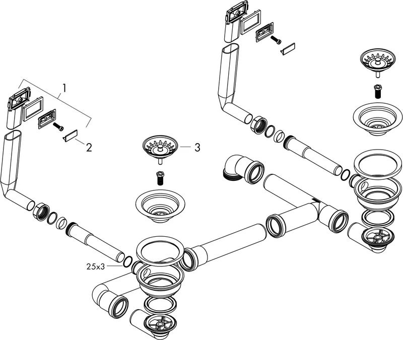 Hansgrohe Manuelle Ab- und Überlaufgarnitur Edelstahl 370 x 370 D15-10 BSO für Doppelbecken