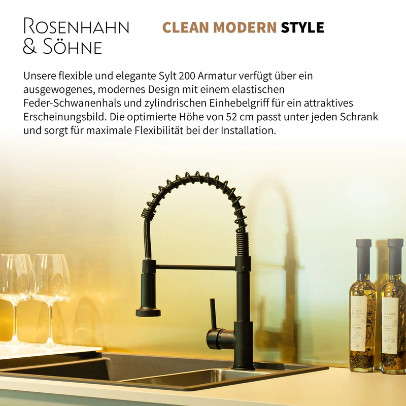 Rosenhahn & Söhne Sylt 200 Küchenarmatur mit Brause- 360° drehbarer Wasserhahn Küche - Armatur Küche schwarz - 2-fach verstellbare Spültischarmatur - Brause & Strahl - Anschlussschläuche