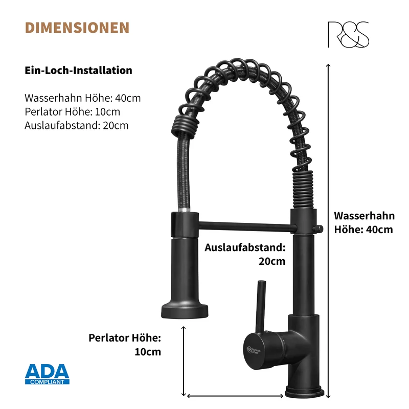 Rosenhahn & Söhne Sylt 200 Küchenarmatur mit Brause- 360° drehbarer Wasserhahn Küche - Armatur Küche schwarz - 2-fach verstellbare Spültischarmatur - Brause & Strahl - Anschlussschläuche