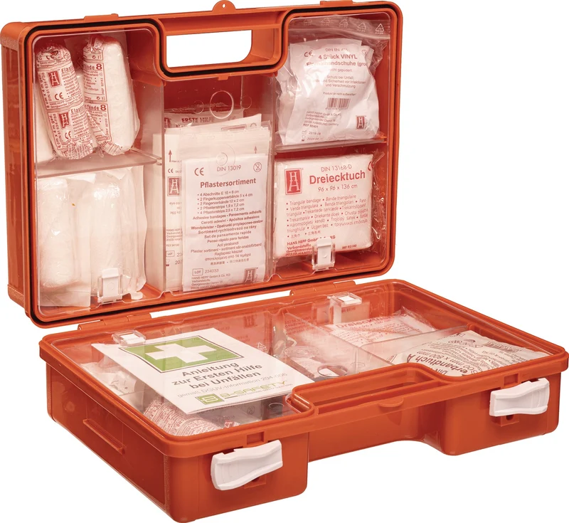 B-SAFETY Erste-Hilfe-Koffer CLASSIC DIN 13169-2021, orange, ABS-Kunststoff, mit Wandhalterung