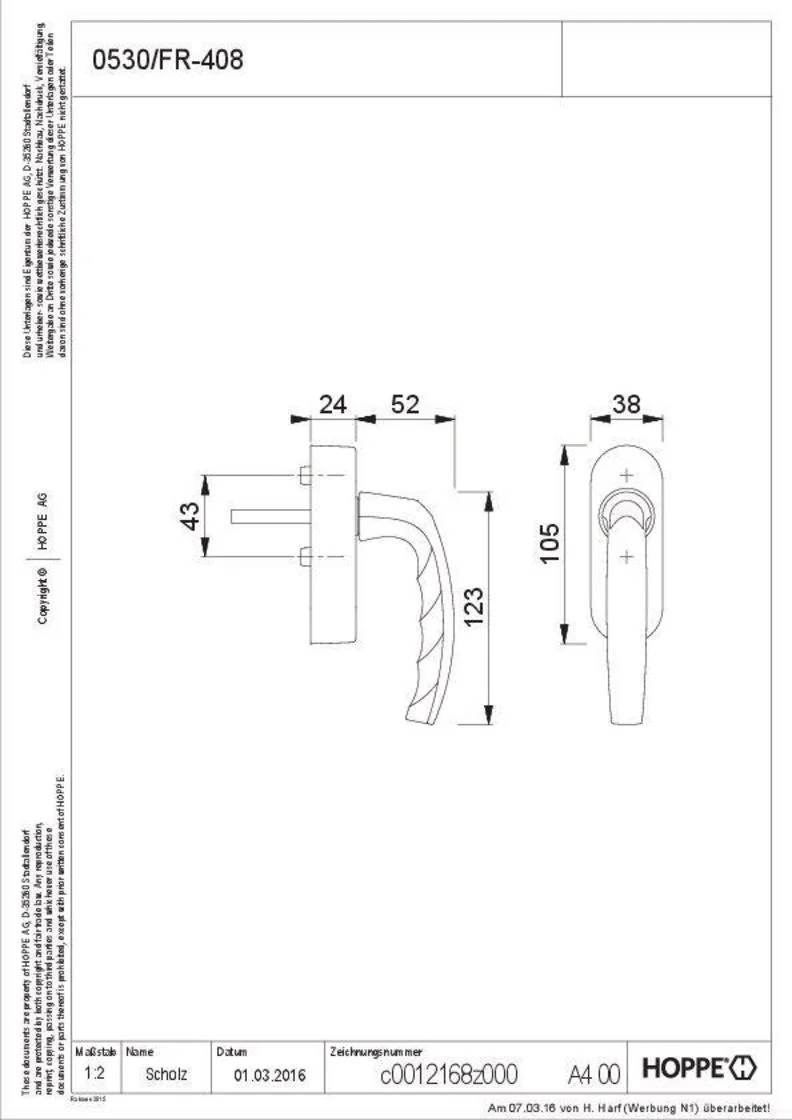 HOPPE eFenstergriff Atlanta 0530/FR-408 Aluminium 32-42 mm SecuSignal® Funk-Fenstergriff