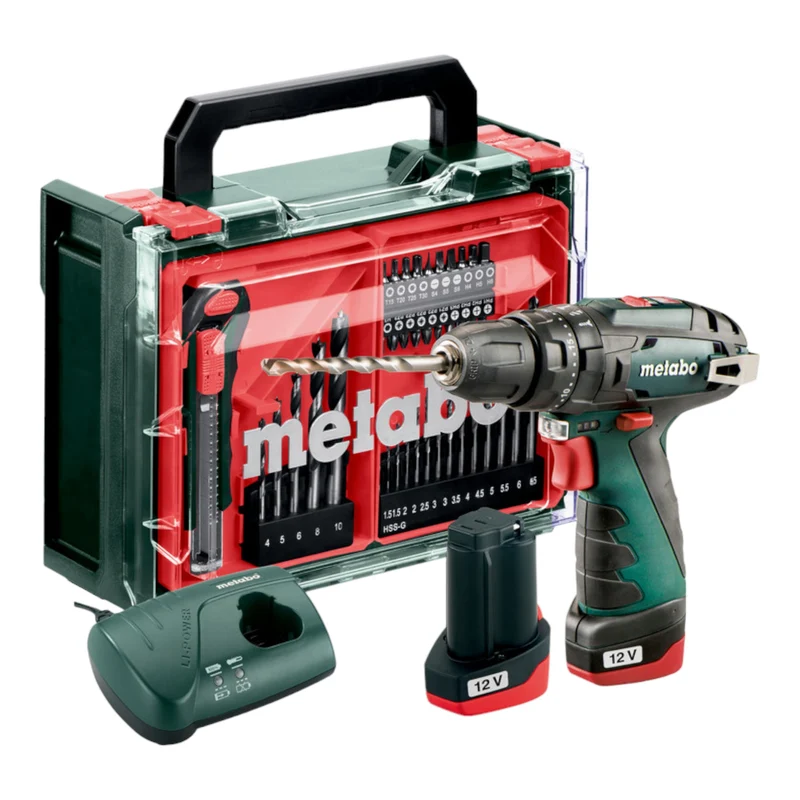 Metabo PowerMaxx SB Basic Set Akku Schlagbohrschrauber 12 V 34 Nm ( 600385710 ) + 2x Akku 2,0 Ah + Ladegerät + 41 tlg. Zubehör Set + Koffer