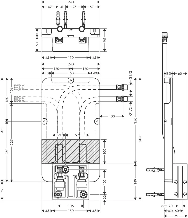 AXOR ShowerSolutions Grundset für Kopfbrause Decke UP – thermostatisch, quadratisch, 60–80 mm Einbautiefe