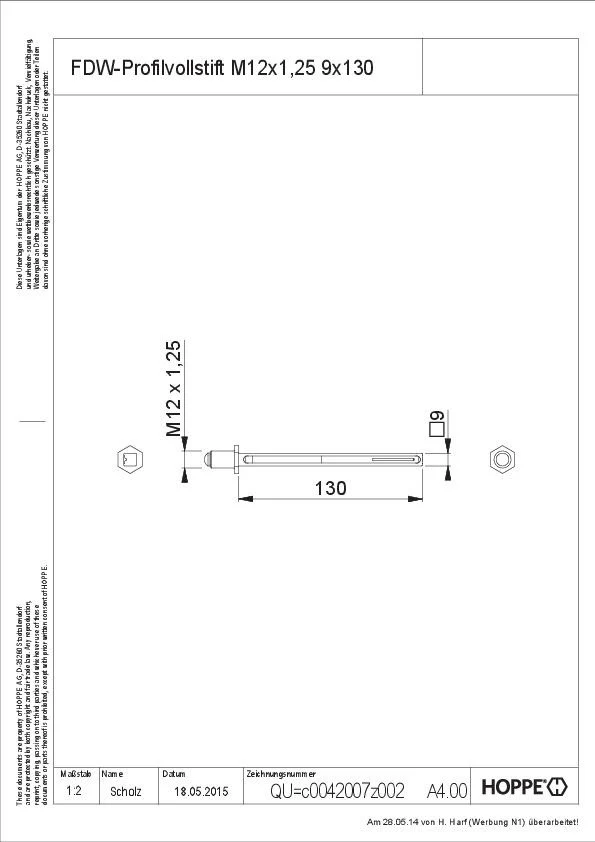 HOPPE Vierkantstift STI-PRV-FDW-M12, 9 x 130 mm, verzinkt, mit gehärteter Flachfeder