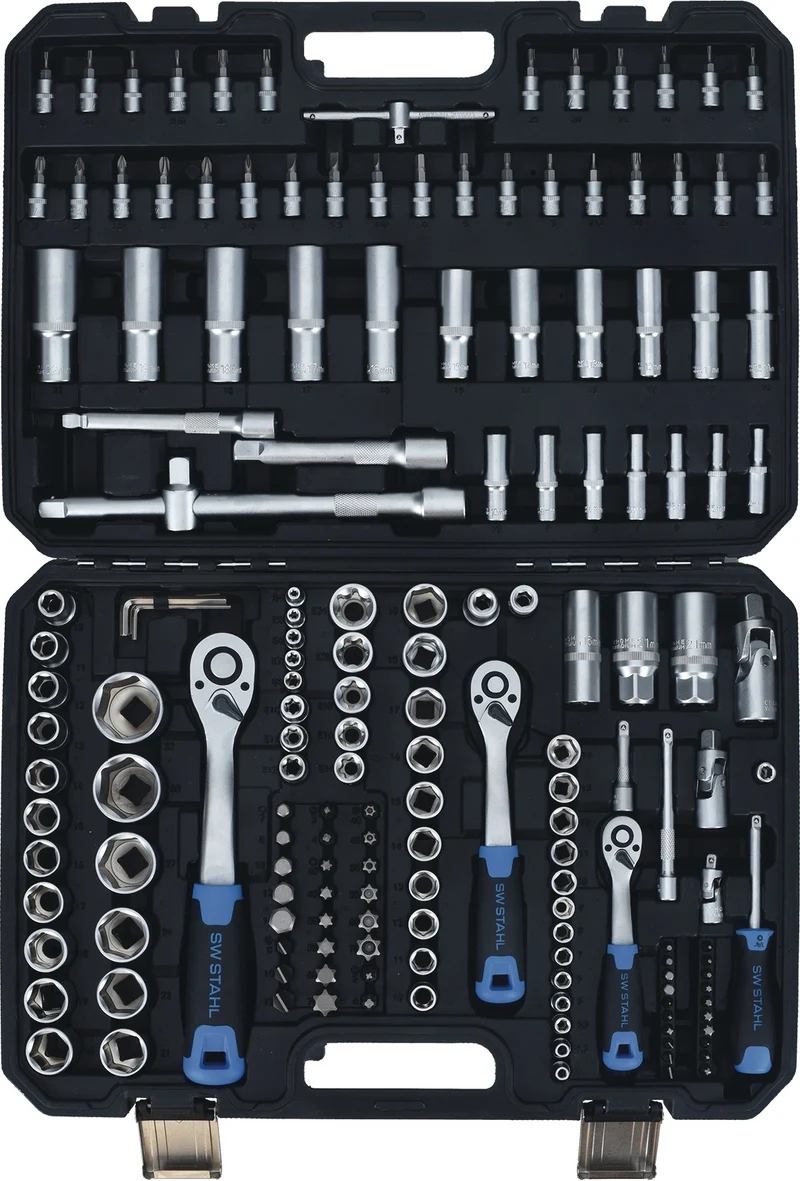 SW-Stahl Steckschlüsselsatz 171-teilig 1/4 + 3/8 + 1/2" SW 4-32 mm, 72 Zähne, 6-Kant, Kunststoffkoffer