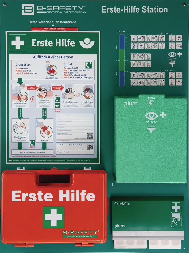 B-SAFETY Erste Hilfe Station B800xH600xT150 mm Grün/Weiß mit Augenspülstation und Pflasterspender