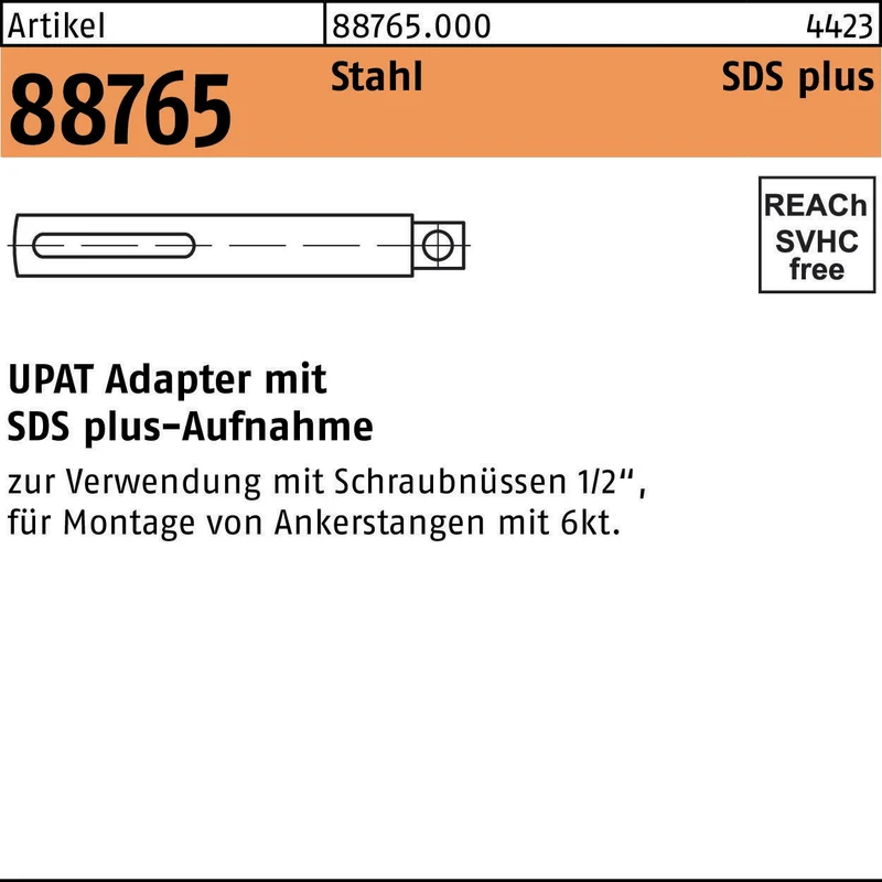 UPAT Adapter R 88765 SDS-PLUS auf 1/2" Vierkant aus Stahl für Bohrhämmer