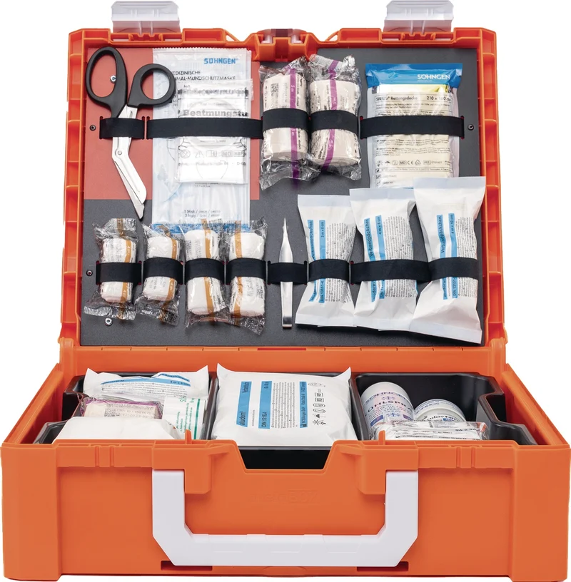 SÖHNGEN Erste Hilfe Koffer metaBOX 145M – DIN 13157 + Baustelle, orange, ABS