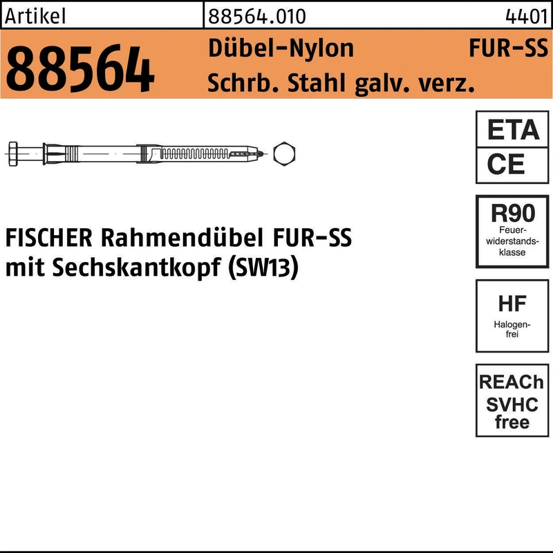 FISCHER Rahmendübel FUR-SS 10x185 mm mit Sechskant-Holzschraube