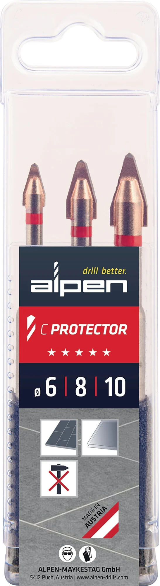 ALPEN Fliesenbohrersatz C PROTECTOR 3-tlg. Ø 6/8/10 mm für Feinsteinzeug, Glas und Porzellan