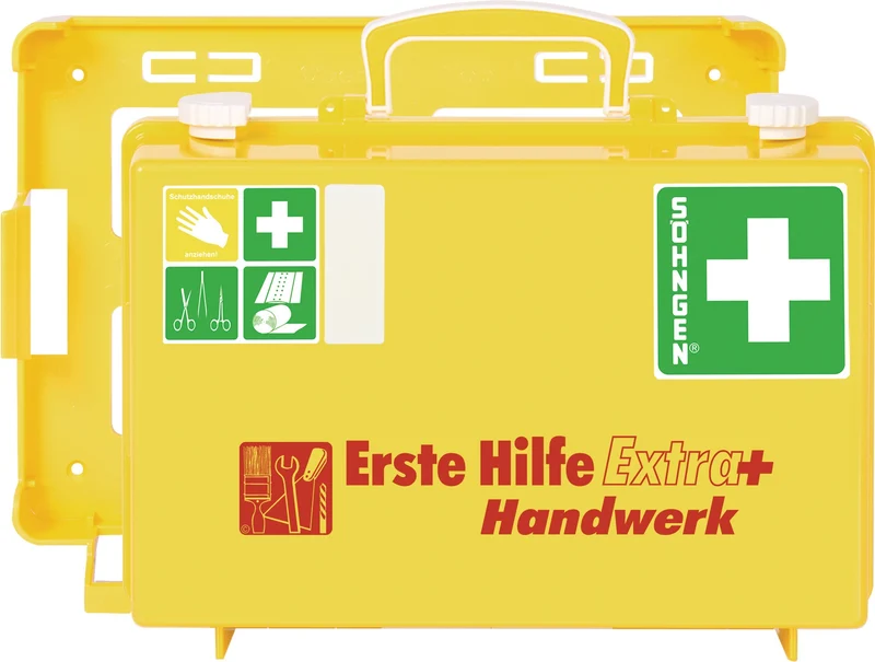 SÖHNGEN Erste Hilfe Koffer Extra+ Handwerk leuchtgelb DIN 13157-2021 mit Zusatzbefüllung