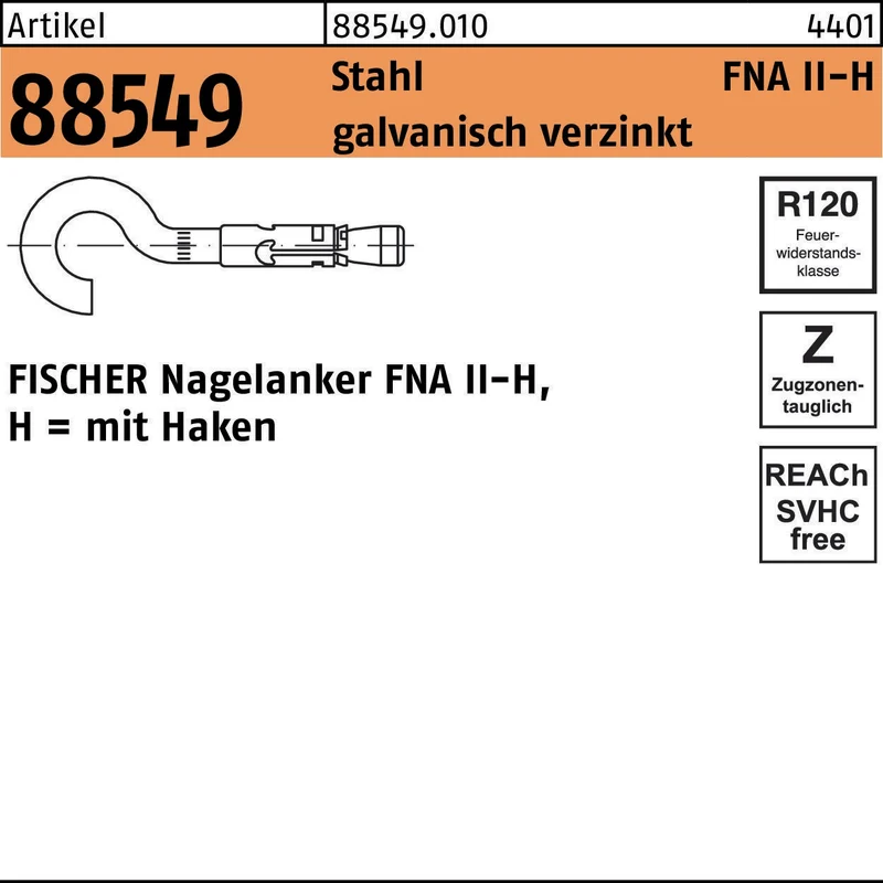 FISCHER Nagelanker FNA II 6x25 H mit Haken, Stahl galvanisch verzinkt