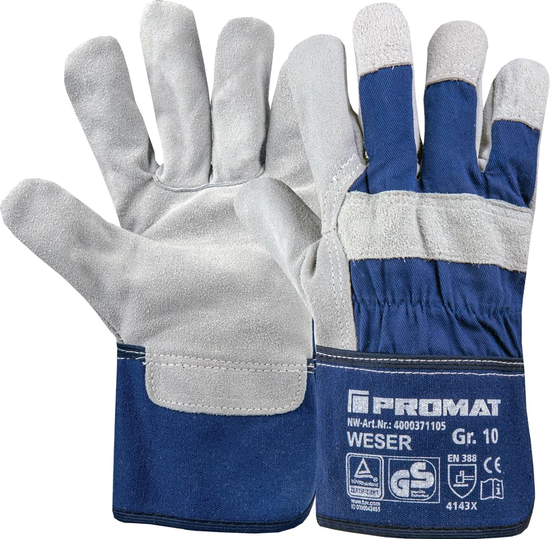 PROMAT Handschuhe Weser Gr.10 blau EN 388 PSA II aus Rindkernspaltleder