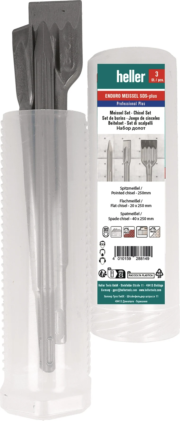 HELLER Bohrhammermeißelsatz 1218 Enduro SDS-plus – 3-teiliges Set Spitz-, Flach- und Spatmeißel, 250 mm