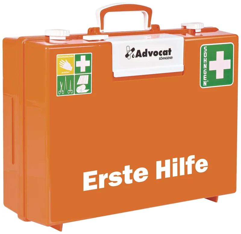 SÖHNGEN Erste Hilfe Koffer Advocat DIN 13169-2021 orange – mit Wandhalterung & Schnellzugriff
