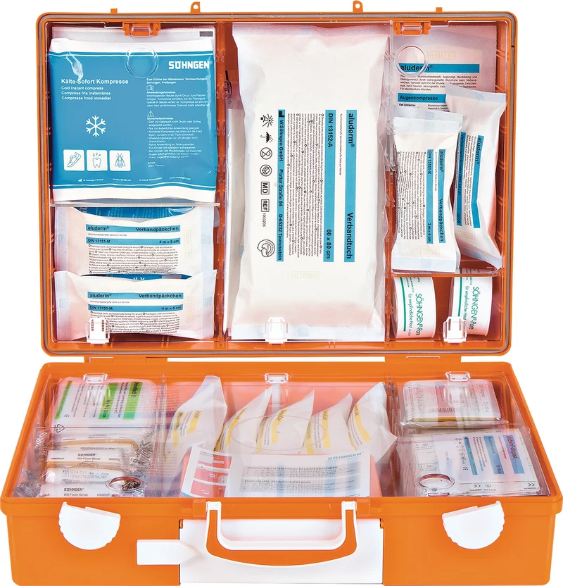 SÖHNGEN Erste Hilfe Koffer Advocat DIN 13169-2021 orange – mit Wandhalterung & Schnellzugriff