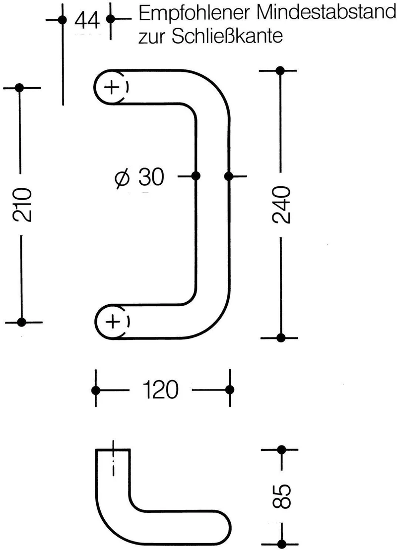 HEWI Stoßgriff 550.30GKLT System 111 – Winkelgriff aus Polyamid, 30 mm Ø, 210 mm Achsmaß, tiefschwarz matt