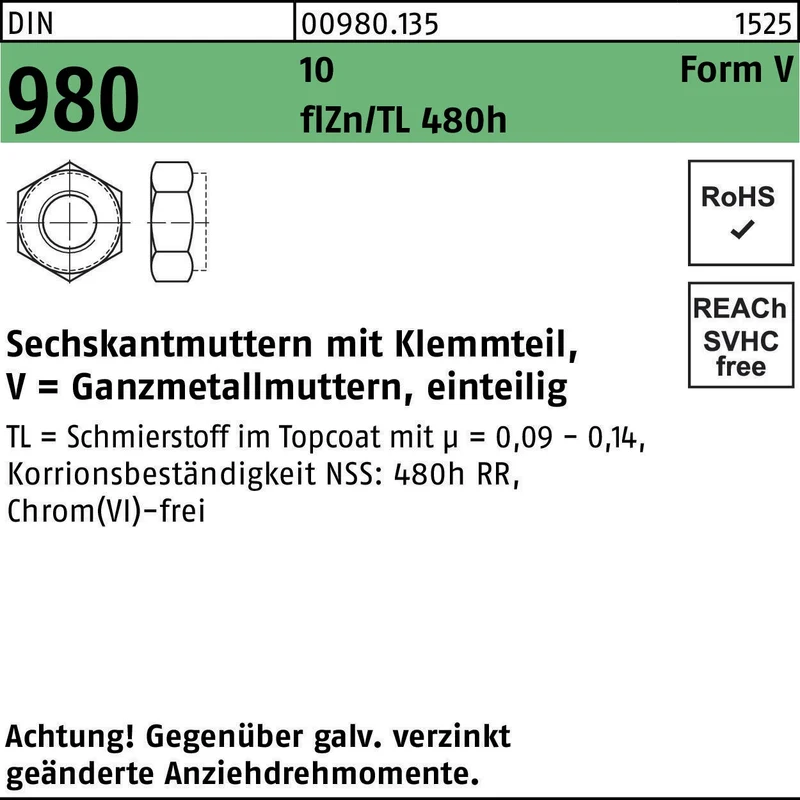 F. REYHER Sechskantmutter DIN 980 Klemmteil VM 8 10 flZnnc 480h-L 500 Stück