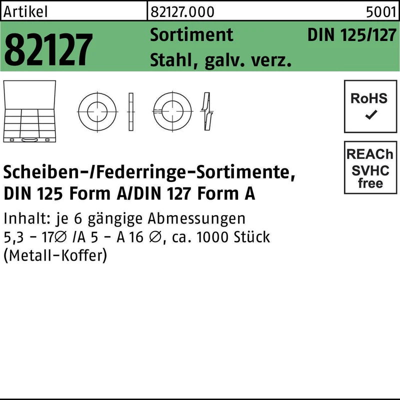 F. REYHER Scheibensortiment DIN 125/127 1000tlg. Stahl galvanisch verzinkt