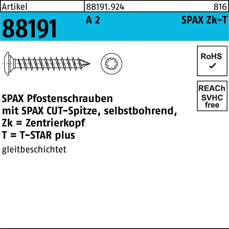 SPAX Pfostenschraube R 88191 selbstbohrend 8x50/45 T40 A2