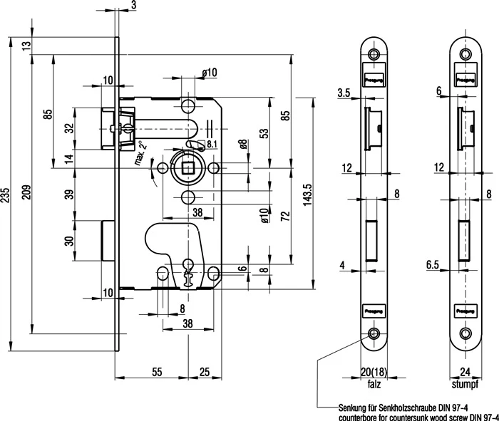BKS Zimmertür-Einsteckschloss 0215 ( 3000251045 ) BB 20/ 55/72/8 mm DIN links Klasse 1 Kunststoff