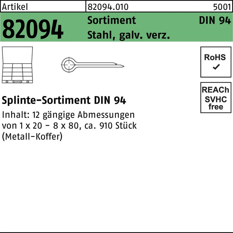 F. REYHER Splintensortiment DIN 94, 910-teilig, Stahl galvanisch verzinkt