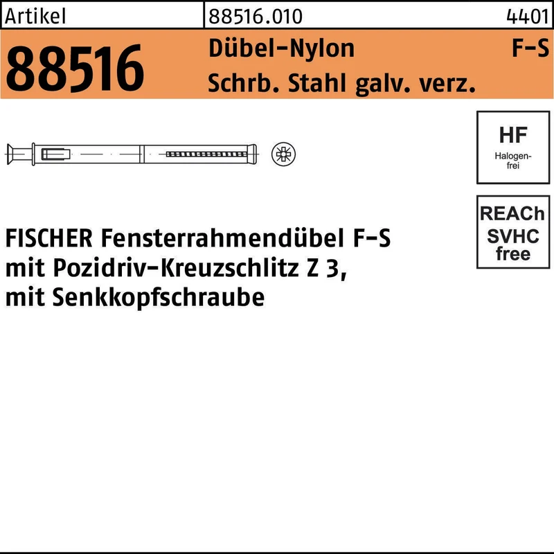 FISCHER Fensterrahmendübel F-S 10 x 140 mm mit Senkkopfschraube