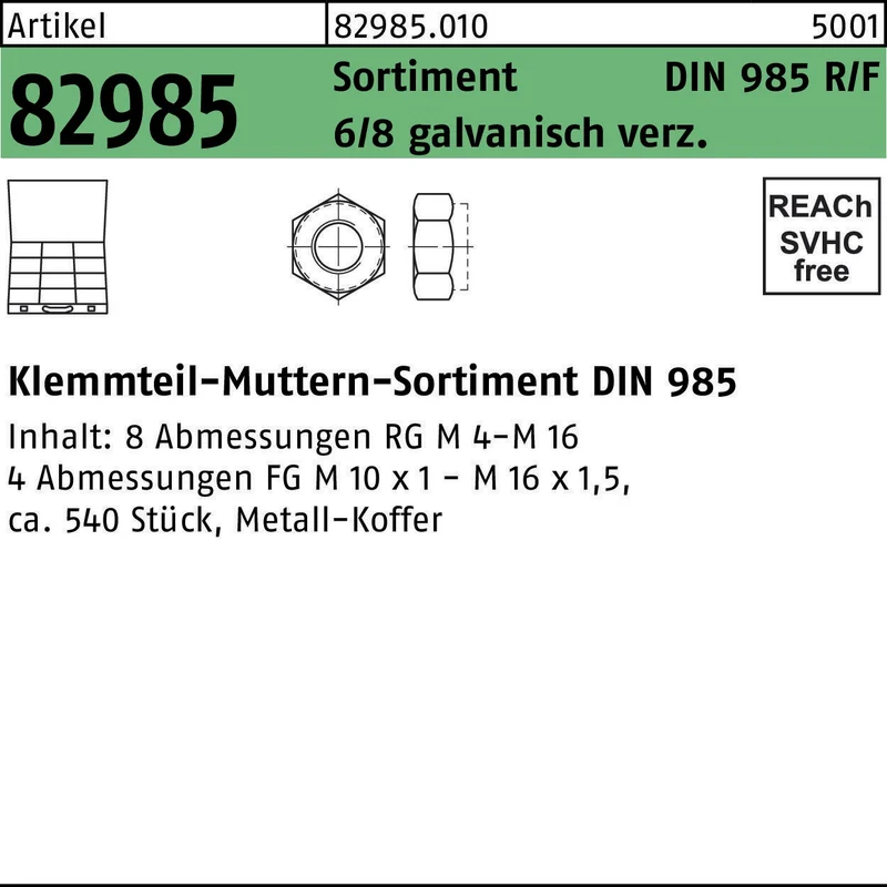 F. REYHER Sicherungsmuttersortiment DIN 985, 540-teilig, Stahl galvanisch verzinkt
