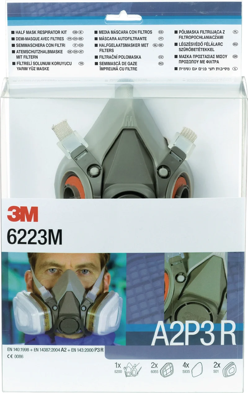3M Atemschutz-Halbmaskenset 6223 A2P3R EN 140 mit Filter Größe M – Komplettset für Gas-, Dampf- und Partikelschutz