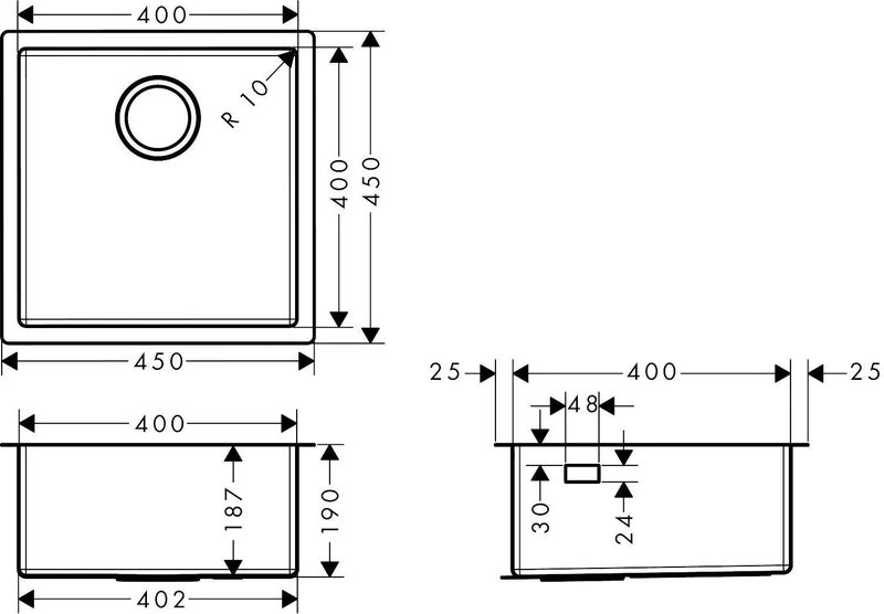 HANSGROHE HG Unterbauspüle 400 S719-U400 aus Edelstahl – Einzelbecken, 50 cm Unterschrank
