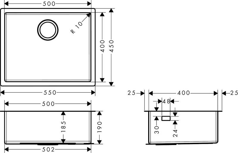 HANSGROHE Unterbauspüle S719-U500 Edelstahl 500 mm – 1 Becken, ohne Hahnloch, für 60 cm Unterschrank