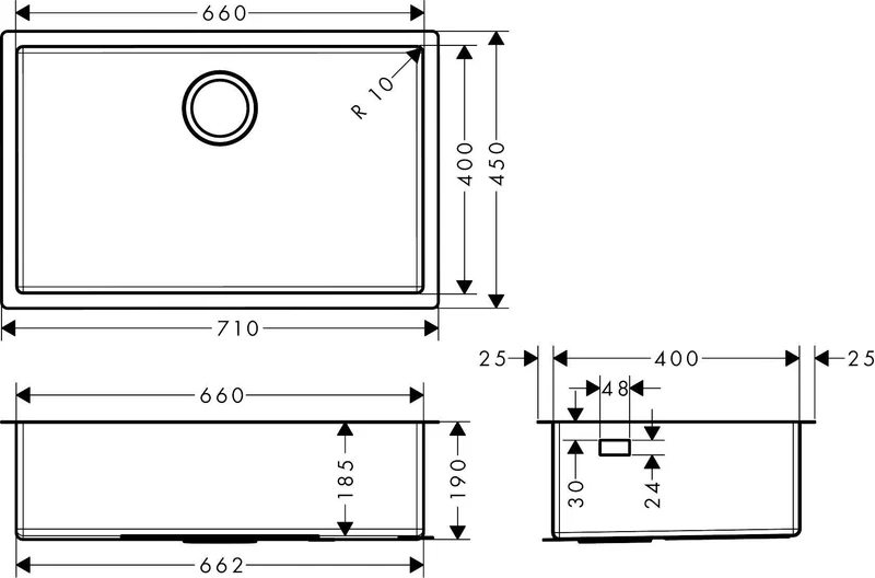 HANSGROHE Unterbauspüle S719-U660 Edelstahl 660 mm – Einzelbecken ohne Hahnloch