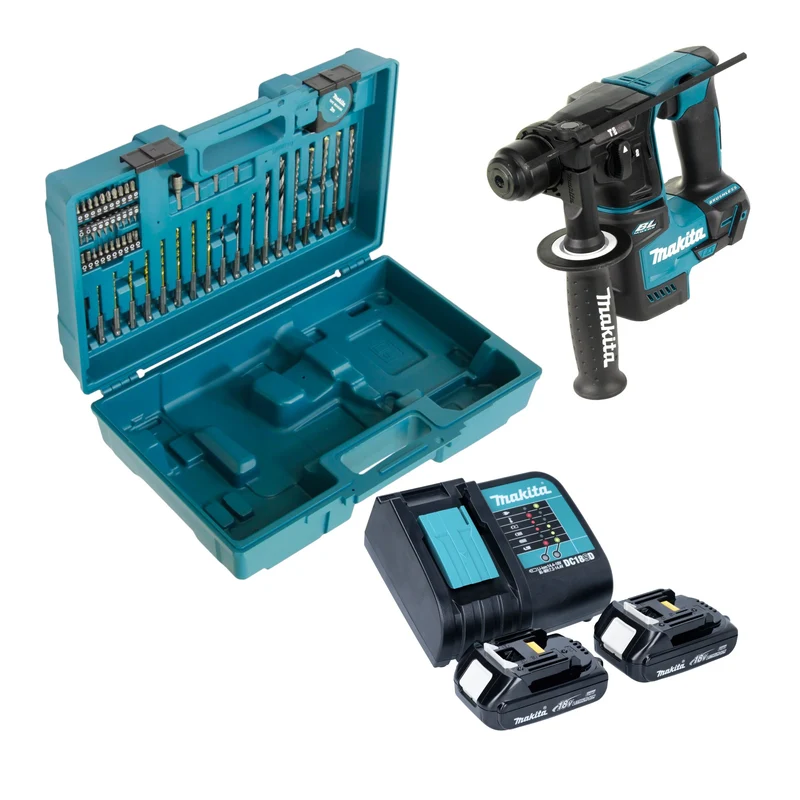 Makita DHR 171 SYX3 Akku Bohrhammer 18 V 1,2 J SDS-Plus Brushless + 2x Akku 1,5 Ah + Ladegerät + 65 tlg. Zubehör Set + Koffer