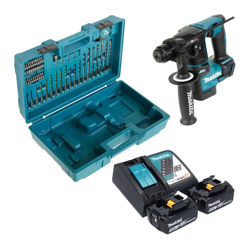 Makita DHR 171 RTX3 Akku Bohrhammer 18 V 1,2 J SDS-Plus Brushless + 2x Akku 5,0 Ah + Ladegerät + 65 tlg. Zubehör Set + Koffer