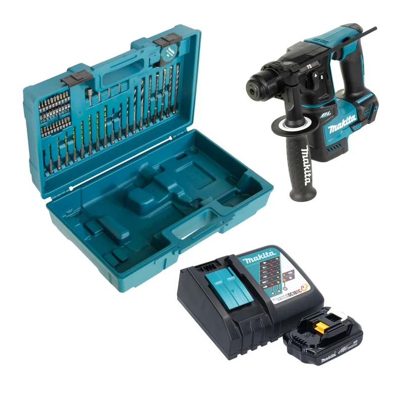 Makita DHR 171 RY1X3 Akku Bohrhammer 18 V 1,2 J SDS-Plus Brushless + 1x Akku 1,5 Ah + Ladegerät + 65 tlg. Zubehör Set + Koffer