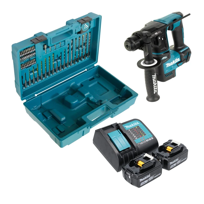 Makita DHR 171 STX3 Akku Bohrhammer 18 V 1,2 J SDS-Plus Brushless + 2x Akku 5,0 Ah + Ladegerät + 65 tlg. Zubehör Set + Koffer