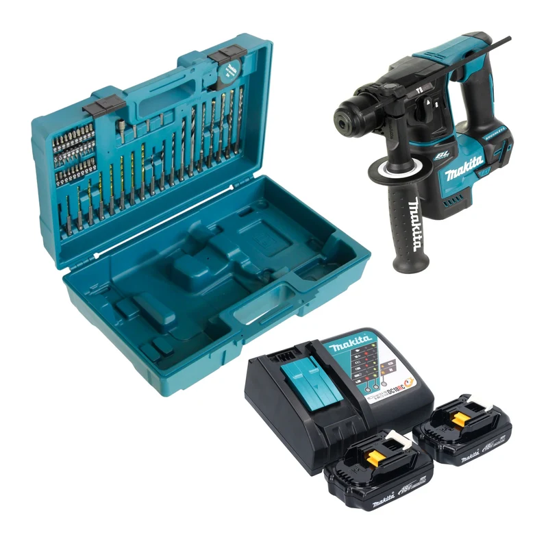 Makita DHR 171 RYX3 Akku Bohrhammer 18 V 1,2 J SDS-Plus Brushless + 2x Akku 1,5 Ah + Ladegerät + 65 tlg. Zubehör Set + Koffer